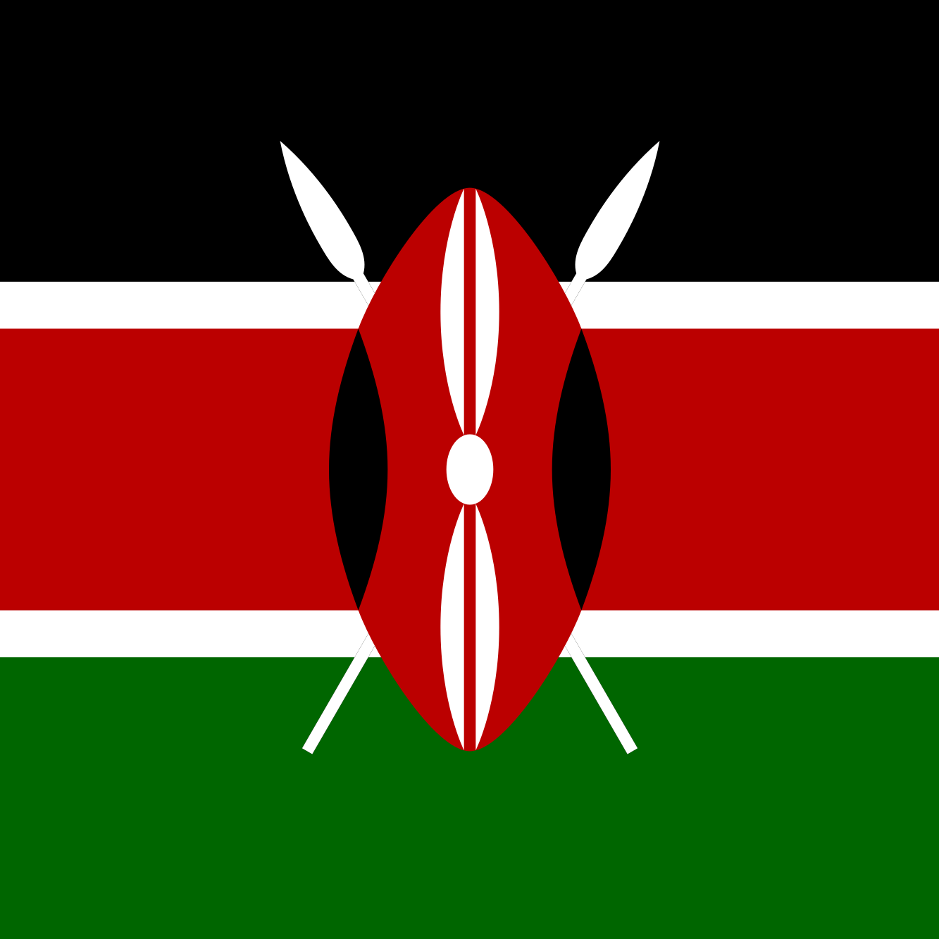 The Flag of Kenya: white symbolising peace and unity, black symbolising the people of Kenya, red for the blood shed in the struggle for her independence and green for Kenya's landscape and agricultural wealth. The shield stands for defence of all these things.