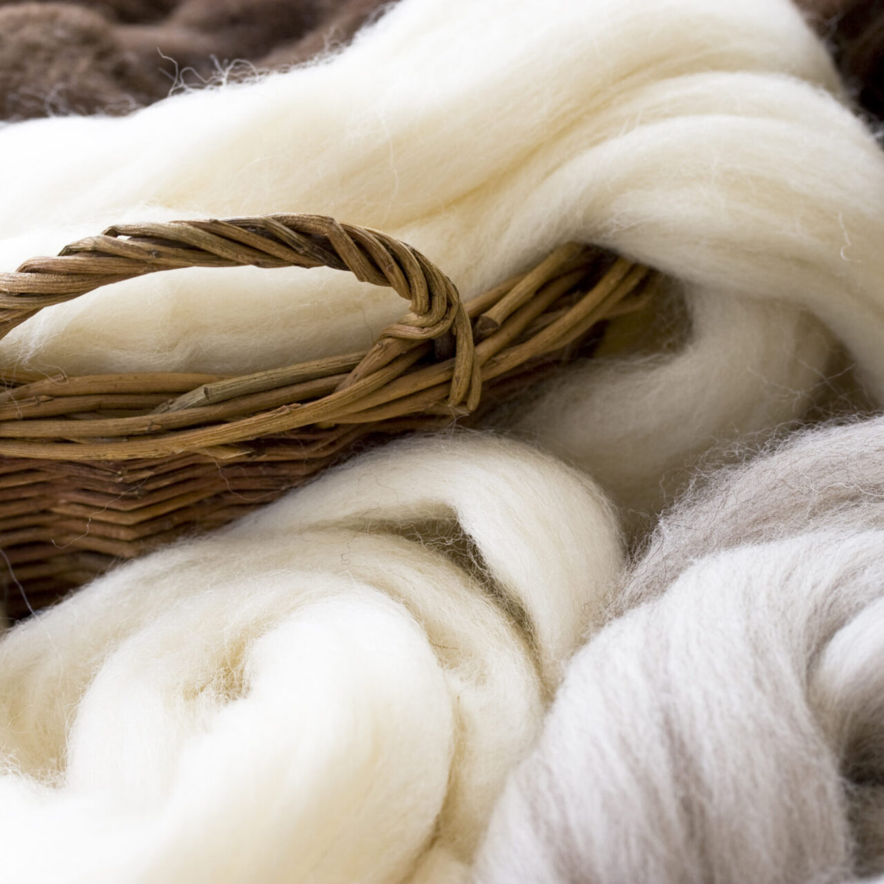 Natural wool fibres in basket